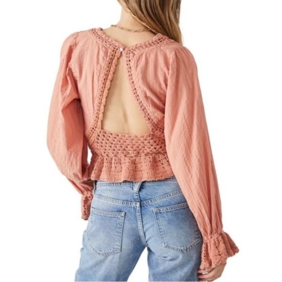 NWT Free People Megan Coral Sand crocheted cotton tunic top - Picture 3 of 12